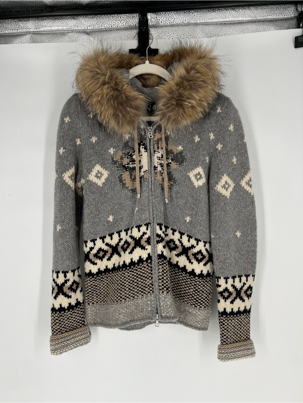 Bogner Gray Wool Intarsia Star Knit Fur-Trim Hood Designer Zip Cardigan Sweater